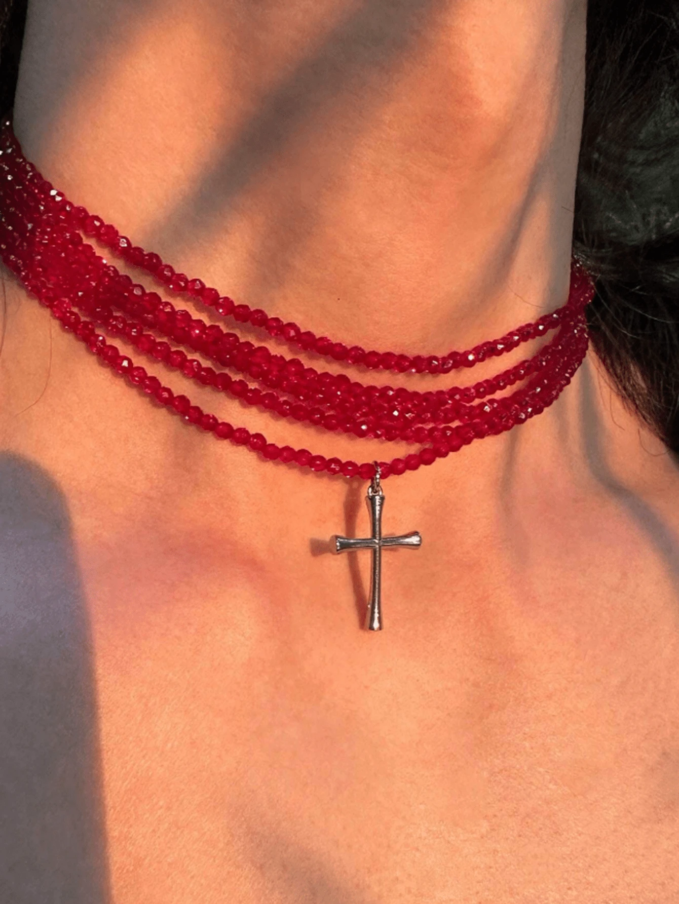 5pcs/Set Sparkling Party Red Beaded Cross Necklace Set (Please Check Size Before Ordering, Necklace Size Is Relatively Small) - Red - View 1