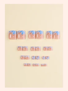 24Pcs Blue Flower Polka Dot French Toe Press On Nails, Fresh Spring Summer Style Toe Fake Nail Set, Press-On Acrylic Nail Stickers, Reusable Manicure Supplies, Foot Accessories For Women, Vacation Pedicure Accessories, For Dating & Party Wear, Gift For Girls - Multicolor - View 2