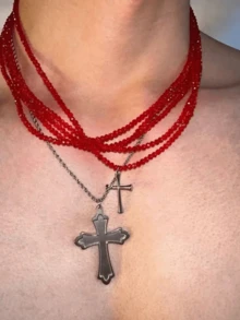 5pcs/Set Sparkling Party Red Beaded Cross Necklace Set (Please Check Size Before Ordering, Necklace Size Is Relatively Small) - Red - View 3