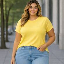 Plus Size Plain Blouse, Casual, Modern, Basic, Current, Contemporary, Viscose/Lycra, For Everyday Work. - Amarillo mantequilla - Ver 6