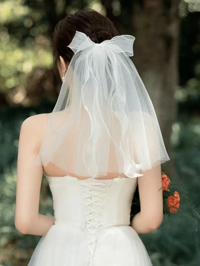 1 chiếc khăn voan cưới cô dâu kiểu nơ đính ngọc trai, kiểu dáng ngắn tối giản dễ thương, màu ngẫu nhiên, thích hợp cho mùa hè hoặc đi biển.