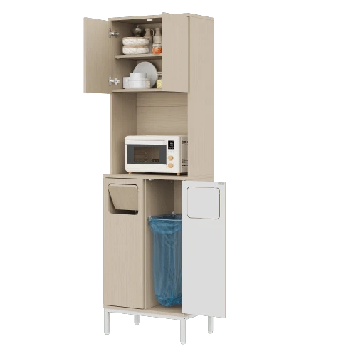 Trash Cabinet, Kitchen Unit With Waste Shelf, 181 Cm High Cabinet With Microwave Compartment And Waste Compartment, Height Adjustable Storage Space For Vacuum Cleaner, 53 X 35 X 181 Cm.