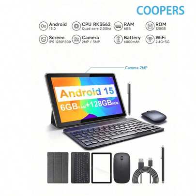 Coopers Tableta Android 15 YQ10S Max de 10 pulgadas, RK3562 de 4 núcleos a 2.0Ghz/6GB RAM 128GB ROM/2.4G+5G WiFi+WiFi 6/BT 5.0/Pantalla FHD IPS/Cámara dual 2MP+5MP/Tipo-C/6000mAh/Admite expansión SD de 1TB/Con teclado, ratón, lápiz óptico, funda protectora, película protectora (sin adaptador)