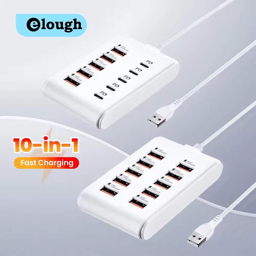 10端口USB充电插座，10个USB接口/5个USB接口+5个PD快充接口，USB2.0桌面充电站电源插座插头 - 白色 - 查看 1