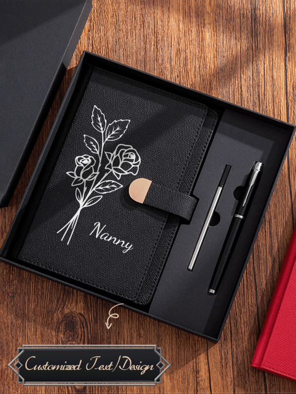 Personalized Notebook & Pen Gift Set - Custom Engraved Floral Rose Journal With Your Name/Text, A5 Premium PU Leather Diary With Magnetic Buckle, Refillable Pen & Luxury Black Gift Box, Ideal For Birthday, Mother's Day, Bridal Shower, Graduation, Thank You, Office & Corporate Gifting For Women, Her, Mom, Teacher, Colleague, Bridesmaid, Friend