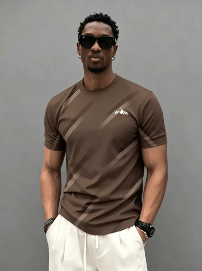 Voidago Men's 3D Pattern T-Shirt - Casual Polyester Knit Fabric, Short Sleeve, Round Neck, Mountain Pattern, Brown/Black, Essential For Summer, Casual Wear For Summer | Modern Casual Style | Comfortable & Fitted