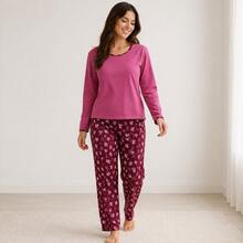 Pijama Feminino Suede Estampado Longo Calça e Blusa Conforto Premium - rosa cereja - Visão 4