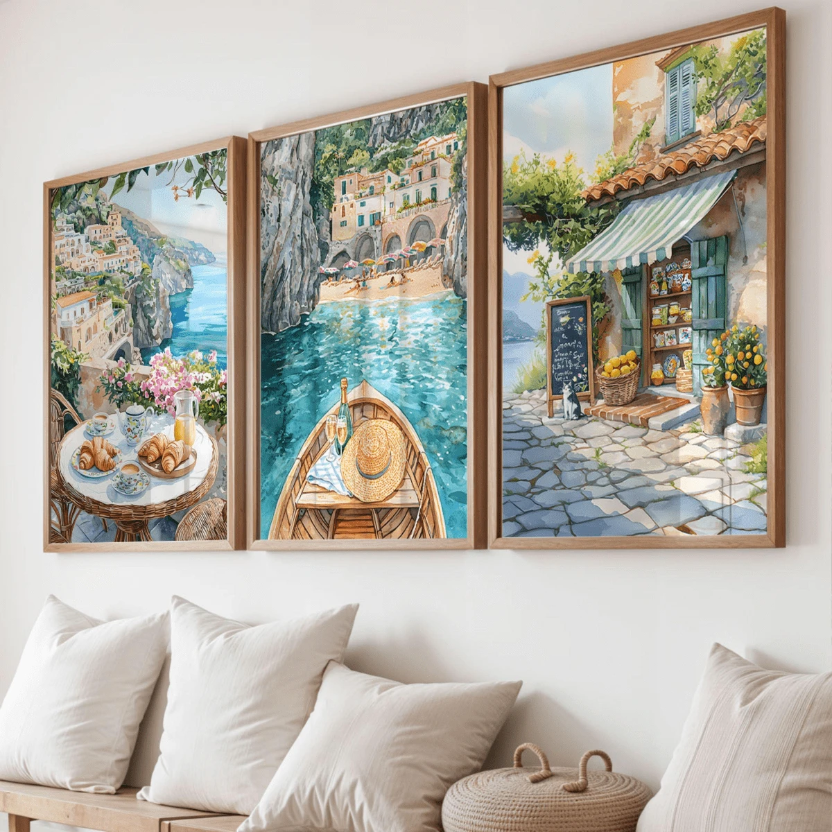 3pcs/Set Mediterranean Coast Lemon Shop Poster, Amalfi Market Print, Pastoral Kitchen Wall Art Poster, Summer Street Scene. - A - View 1