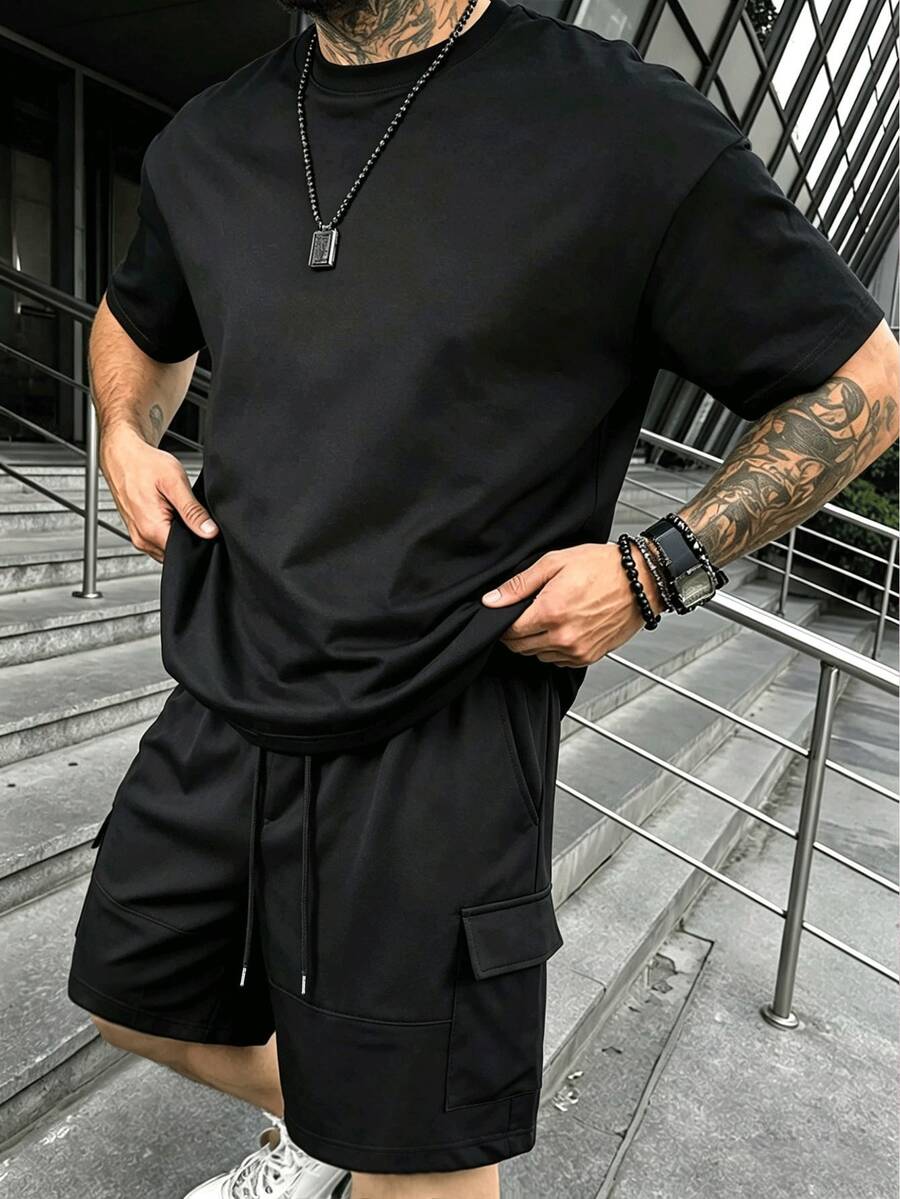 男士純色T恤與休閒工裝短褲兩件套,夏季通勤健身百搭套裝 - 黑色 - 查看 1