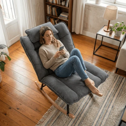  Fabulcozy Kordstoff-Fauteuil Schaukelstuhl mit Kissen, Abnehmbares Kissen, Massivholz-Schaukelgestell, Einzelsessel, Nordischer Stil Liegestuhl für Wohnzimmer, Balkon, Schlafzimmer