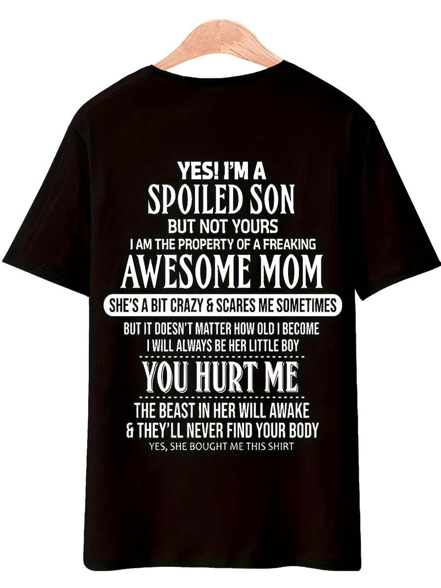Camiseta de hombre con estampado digital, diseño casual con letras modernas y cuello redondo abotonado - Negro - Ver 1