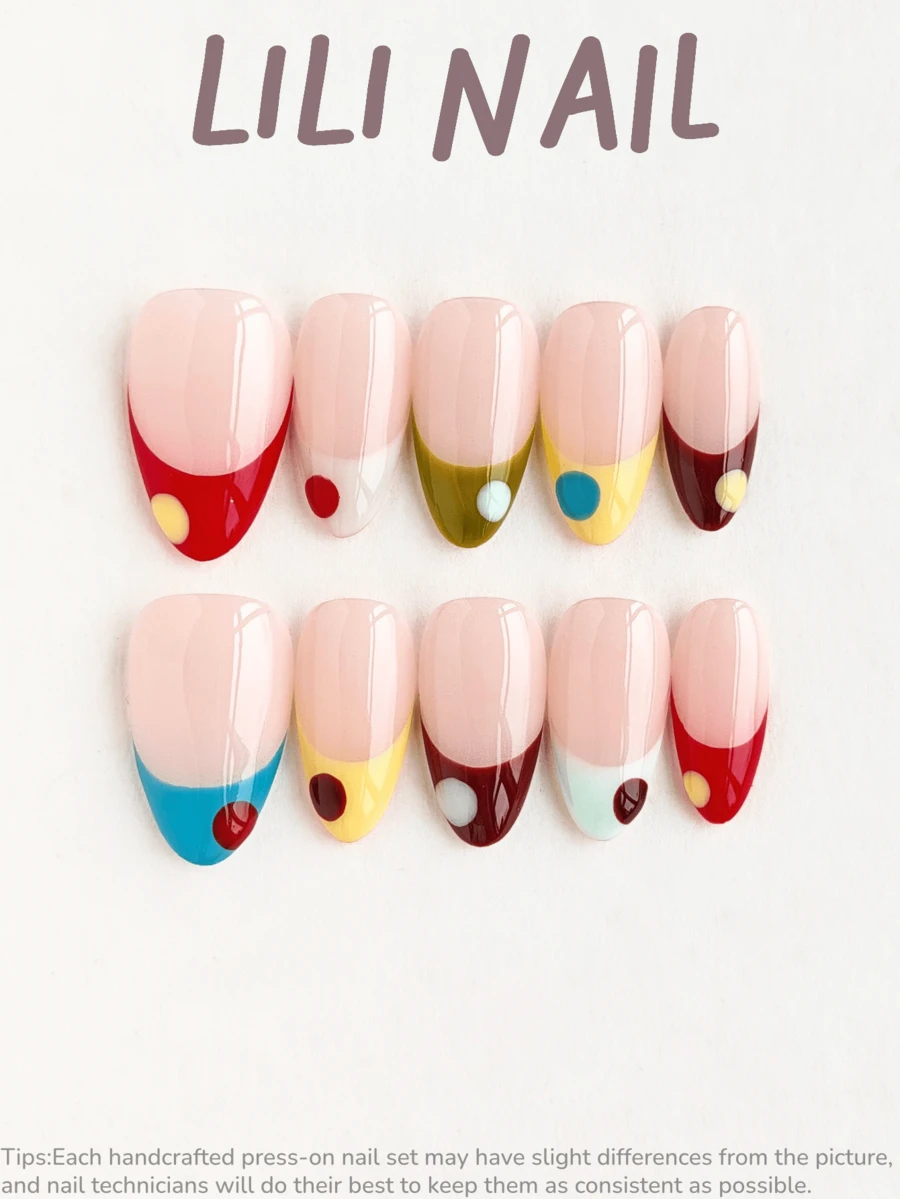 10 piezas de puntas de uñas cortas en forma de almendra hechas a mano, estilo Y2K lindo para verano, diseños nude, rojo, lunares, francés y talla grande, adecuadas para uso diario, fiestas, oficina y otras ocasiones de mujeres, reutilizables, incluye herramientas para uñas