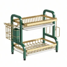 Escurridor de Trastes, Escurridor de Platos de 2 Niveles, Escurridor de Platos Acero Inoxidable con Bandeja de Goteo,Estante para Encimera de Cocina con Soporte para Cubiertos Extraíble - Verde - Ver 1