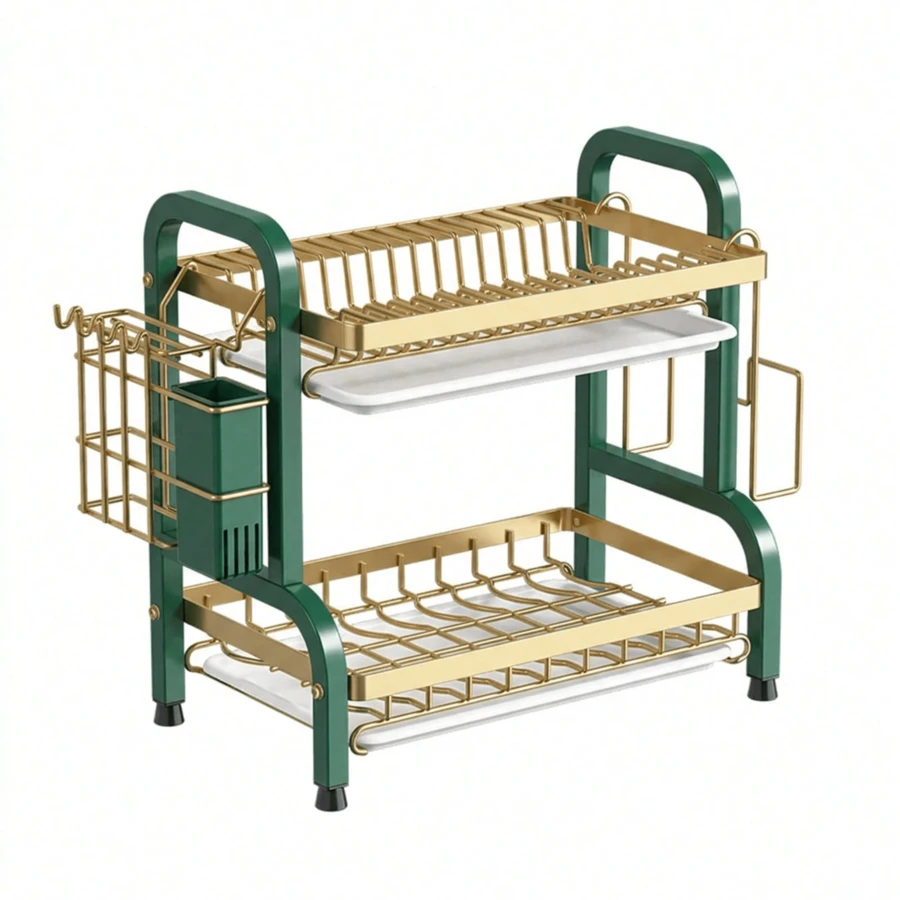 Escurridor de Trastes, Escurridor de Platos de 2 Niveles, Escurridor de Platos Acero Inoxidable con Bandeja de Goteo,Estante para Encimera de Cocina con Soporte para Cubiertos Extraíble - Verde - Ver 1