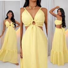 Women's Floral Long Dress, Loose Fit, Elegant, Lined, Printed - 光滑的黃色 - 查看 2