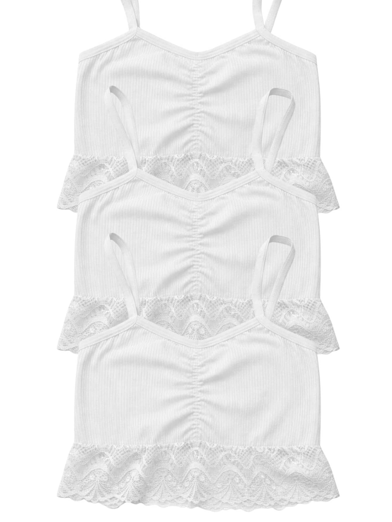 Kit 3 Top Cropped Canelado com Renda Conforto Dia a Dia - Branco - Visão 1