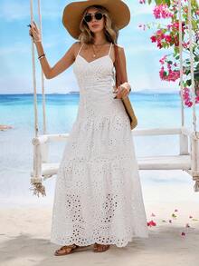 Plus Size Women's Simple Spaghetti Strap Fitted Long Dress, Casual Vacation Style Summer Women Clothes  Curve Plus   Vacation Women Clothes    Curve - 白色 - 查看 8