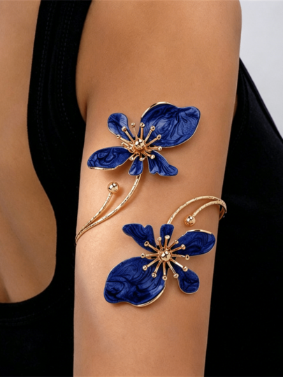Fashionable Ocean Resort Style Blue Drip Glaze Floral Bangle Bracelet, Adjustable Jewelry Accessory For Women, Suitable For Daily, Party, Summer Beach Outfits