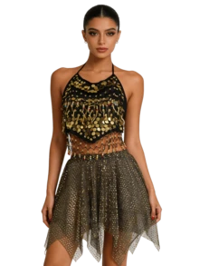 Belly Dance 2 Pieces Costume Set - Coin Embellished Halter Crop Top With Sparkly Asymmetrical Mesh Skirt For Stage Performance & Dance Practice (Available In Multiple Colors) - Multicolor - View 2