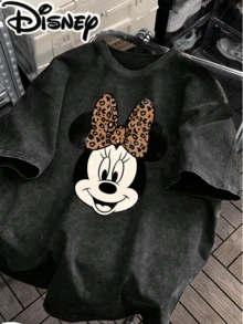 Disney Minnie Mouse Retro Old Wind Leopard Bow Head Creative Printing Design Oversized Fashion Old T-Shirt 2026 Spring And Summer Round Neck T-Shirt Women's Casual Mouse Print Short Sleeve Cotton T-Shirt - 黑色 - 查看 2