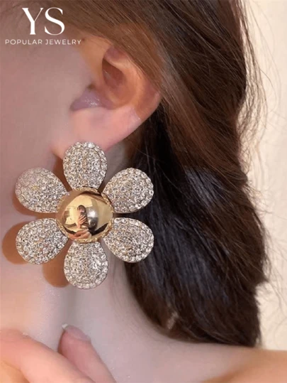 1 Cặp bông tai đính đá Rhinestone hình hoa cỡ lớn, Phụ kiện thường ngày quyến rũ dành cho phụ nữ, mọi mùa