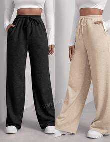 Set Of 2 Women's Woolen Pants, Winter Fashion , Wide Leg, High Waist - 黑色和米色 - 查看 1
