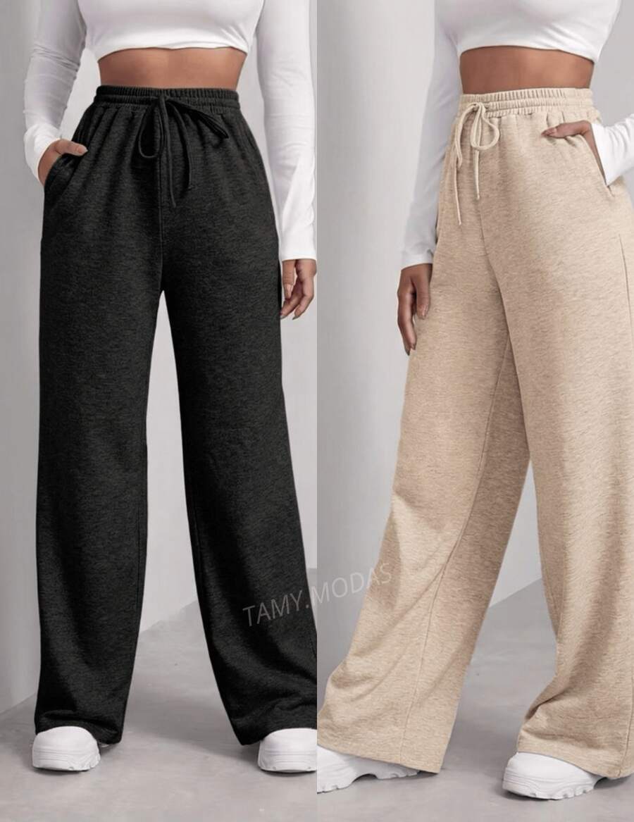 Set Of 2 Women's Woolen Pants, Winter Fashion , Wide Leg, High Waist - 黑色和米色 - 查看 1