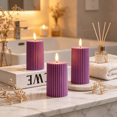 2pcs Purple Striped LED Electronic Candles, Realistic Flickering Flame Candle Lights, Battery Powered Smokeless Atmosphere Lights For Home, Wedding, Party, Holiday Decor