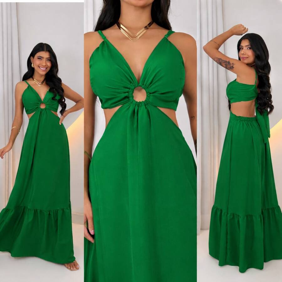 Vestido Longo Feminino Floral Soltinho Elegante Forrado Estampado - Liso Verde - Visão 1