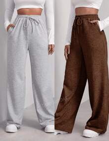 Set Of 2 Women's Woolen Pants, Winter Fashion , Wide Leg, High Waist - Xám và nâu - Xem 2