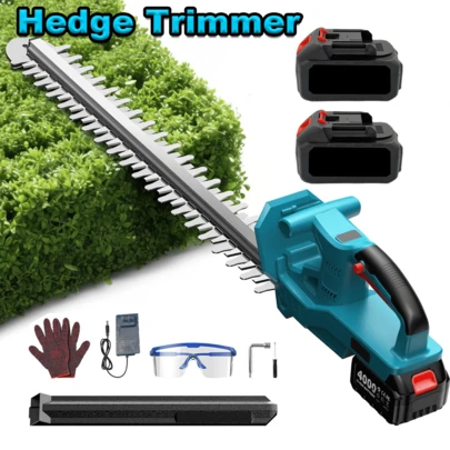 1pc 20'' Cordless High-Efficiency Anti-Jam Stainless Steel Electric Hedge Trimmer With 2pcs 4000mAh Rechargeable Batteries, Modern Industrial Style Blue & Black Ergonomic Handheld Bush Clipper With 180° Rotatable Head, Dual-Action Sharp Blades, Safety Lock & Full Safety Accessories, For Shrub Hedge Pruning, Ideal For Home Garden, Yard, Lawn, Landscaping & All-Season Outdoor Gardening Maintenance Use
