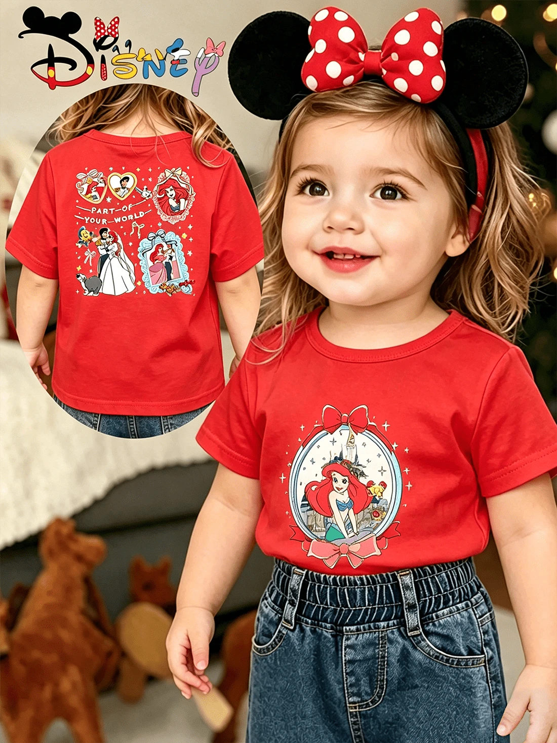 Disney-Licensed Ariel  Double-Sided Print Short-Sleeved T-Shirt For Girls. A Casual Summer T-Shirt, Soft And Skin-Friendly, Suitable For Everyday Wear, Outdoor Activities, And Playing Outside. A Perfect Gift Choice. - 紅色 - 查看 1