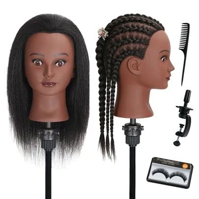 BaodanHair Mannequin Head With 100% Real Human Hair 16" Hairdresser Cosmetology Mannequin Manikin Training Practice Doll Head For Hairstyling And Free Clamp Holder- Black