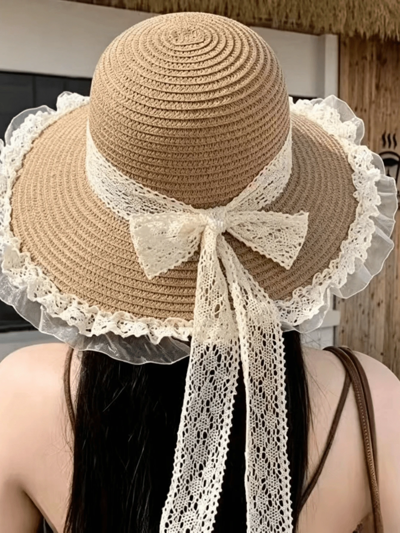 Mũ rơm thắt nơ ren cho nữ, mũ rộng vành che nắng đa năng thích hợp cho kỳ nghỉ biển. - nhiều màu - Xem 1