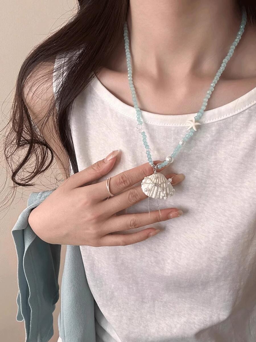 1件夏季沙滩手工仿贝壳编织项链，女士百搭颈链，适合度假和日常佩戴 - 彩色 - 查看 1