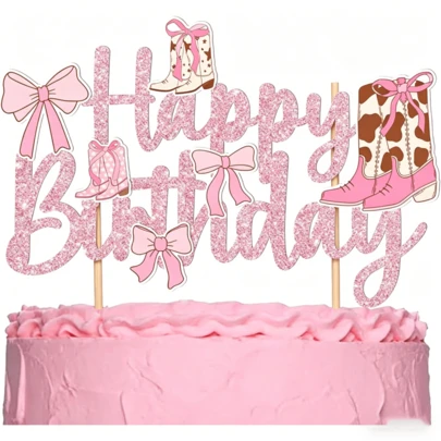 1 Set Pink & Brown Glitter Cowgirl Birthday Cake Decorations, Western Cowboy Boots & Bow Themed Cake Toppers, Elegant & Cute Style Cake Decor, Suitable For 1st, 13th, 16th Birthday Party, Western Theme Party