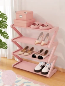 1pc 21.65" X 7.28" X 19.48" 4-Tier Large Capacity Z-Shaped Shoe Rack, Plastic Floor Standing Storage Organizer, Multi-Function High Capacity Shelf, Easy Assembly, Stackable, Suitable For Living Room, Entryway, Dorm, Space Saving, Available In Pink/Black/White - Multicolor - View 7