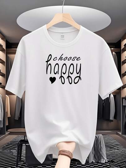 2026.Tops. Men's White/Black/Grey/Blue/Navy Blue Moisture-Wicking Breathable T-Shirt - Lightweight Short-Sleeve Casual & Fitness T-Shirt With "Choose Happiness" Positive Message Print, Round Neck Design, Suitable For Training And Casual Wear - Available In Various Sizes Tshirt Herren