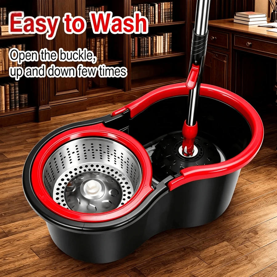 Hands-Free Spin Mop Bucket Set With 3 Microfiber Heads, Stainless Steel Stick, Wet Dry Use For Home Kitchen Office Cleaning - Đen và đỏ - Xem 1