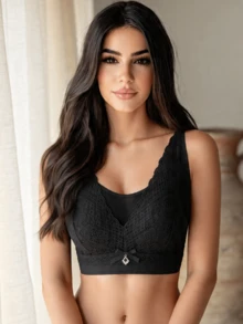 Temptuelle Sutiãs sem Bojo, Sólidos Simples, Múltiplas Borboletas Florais de Renda, Confortável e Respirável Cobertura Total Sutiãs sem Fio, Lingerie e Roupa Íntima Feminina - Preto - Visão 1