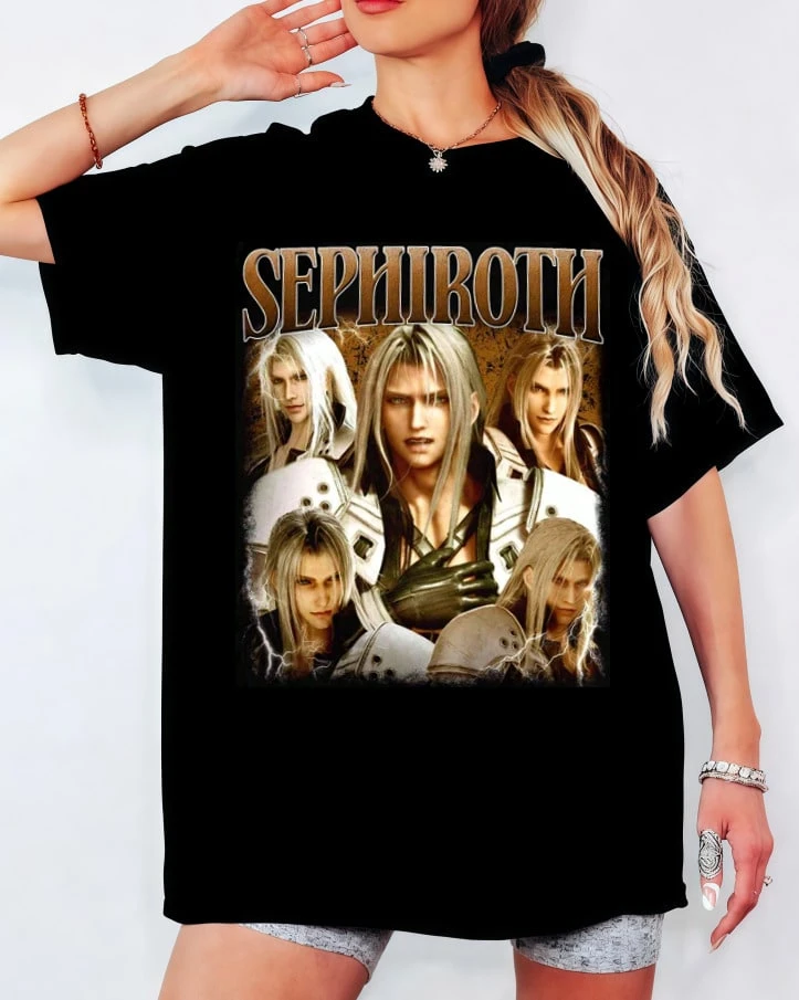 Camiseta Sephiroth F-Final F-Fantasy VII, collage de héroes de juegos de rol piratas vintage de los 90, top unisex de estilo urbano para gamers. - Negro - Ver 1