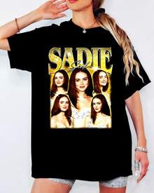 S-Sadie S-Sink Graphic Tee, Golden 90s Retro Portrait Design, Oversized Casual Top - Black - View 6