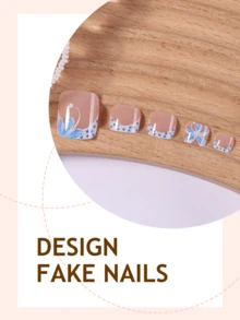 24Pcs Blue Flower Polka Dot French Toe Press On Nails, Fresh Spring Summer Style Toe Fake Nail Set, Press-On Acrylic Nail Stickers, Reusable Manicure Supplies, Foot Accessories For Women, Vacation Pedicure Accessories, For Dating & Party Wear, Gift For Girls - Multicolor - View 3