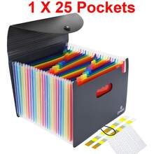 Heavy-Duty Expandable Standing File Organizer With 13/25 Pocket Expandable Plastic File Box Paper/Document/Receipt Manager Folder (A4/Letter Size) Document Bags Folder Holder Big Capacity Durable Document Storage Organizer, File Storage Box BLACK - 25 Bolsillos - Ver 1