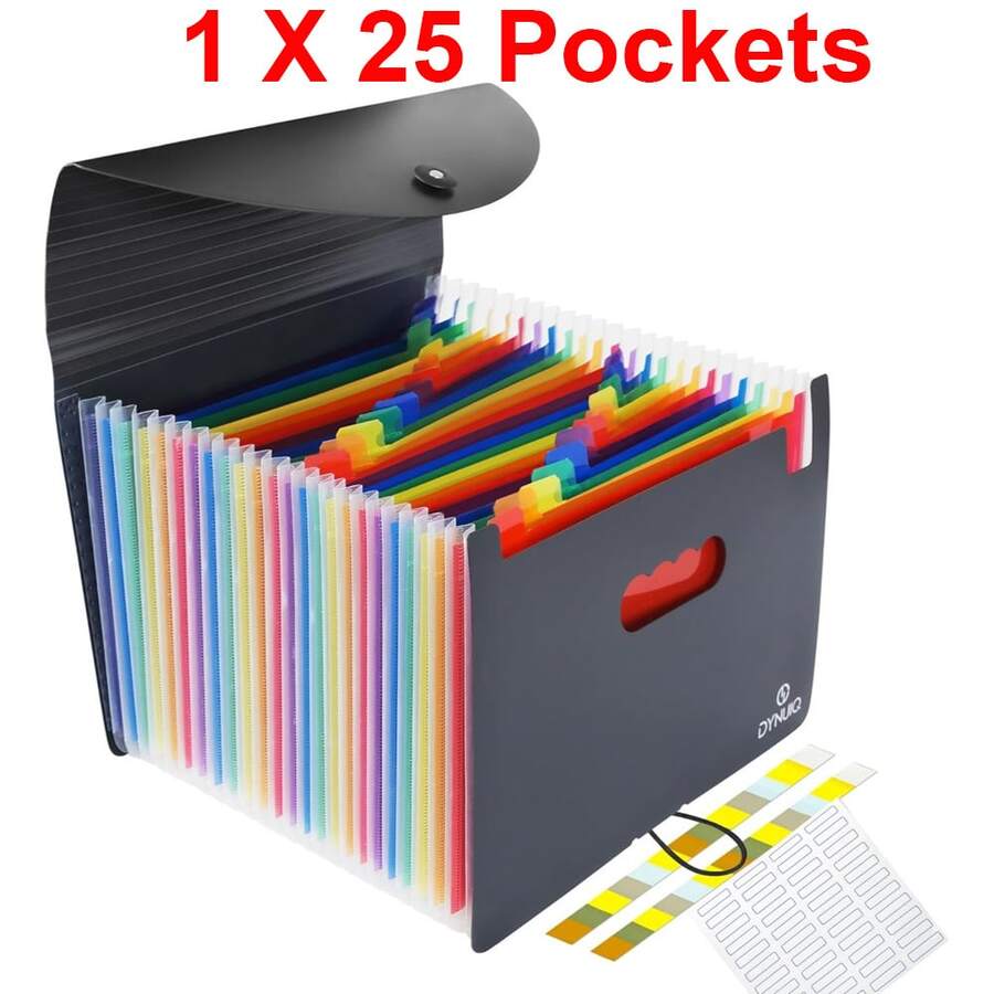 Heavy-Duty Expandable Standing File Organizer With 13/25 Pocket Expandable Plastic File Box Paper/Document/Receipt Manager Folder (A4/Letter Size) Document Bags Folder Holder Big Capacity Durable Document Storage Organizer, File Storage Box BLACK - 25 Bolsillos - Ver 1