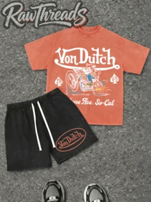 Mens Creative T-Shirt And Shorts Set Vintage Streetwear Style Vonn Dutchh Motorcycle Graphic And Text Metrose Ave So Cal Print Set Ideal For Daily Wear Family Gatherings Summer Trips And Festive Occasions - 橘色 - 查看 1