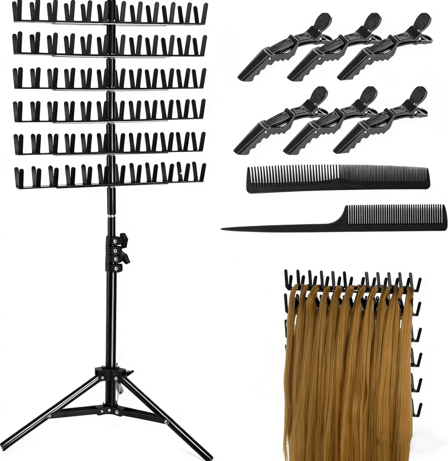 Braiding Hair Rack, 144 Pegs Height Adjustable, 2-Side Hair Extension Holder, Hair Stand With Stylist Hair Braiding Tools For Salon, Home, Travel - Black - View 1