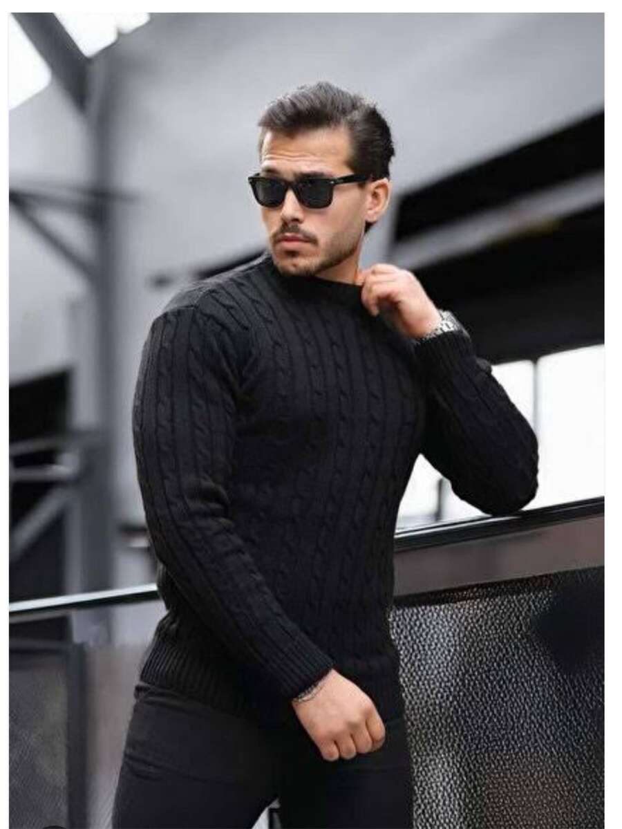 Men's Wool Knit Sweater With Round Neck And Braided Pattern - Autumn/Winter Fashion - 黑色 - 查看 1