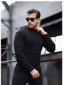 Men's Wool Knit Sweater With Round Neck And Braided Pattern - Autumn/Winter Fashion - 黑色 - 查看 6