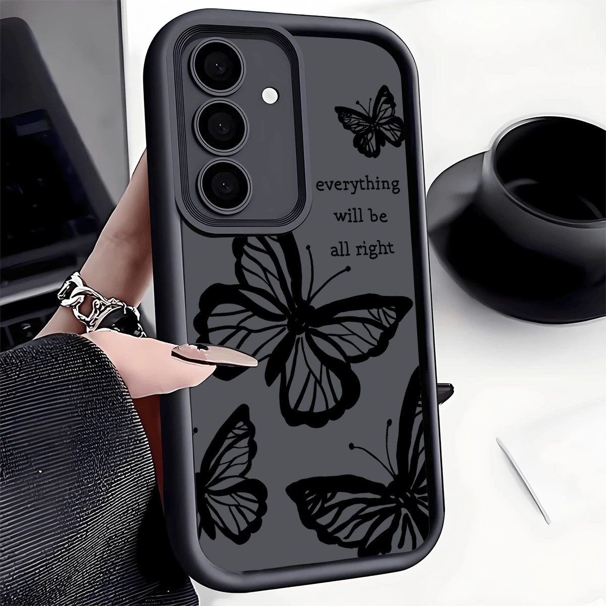 Inspirational Butterfly Graphic Shockproof Full Coverage Phone Case, Compatible With IPhone, Honor, - Black - View 1
